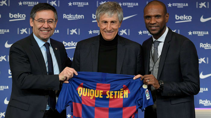 Barcelona's Josep Bartomeu, Quique Setien and Eric Abidal